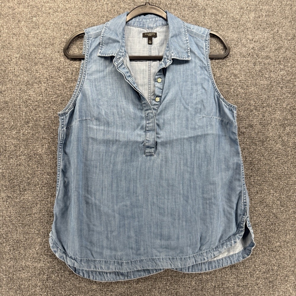Talbots Petite Top Womens Lp Blue Popover Lyocell Sleeveless Casual Prep Resort